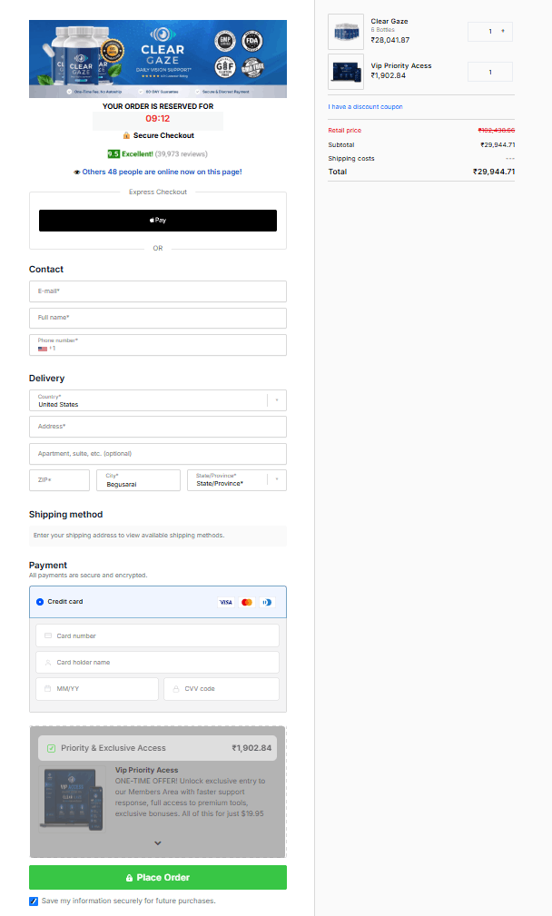 Clear Gaze order page